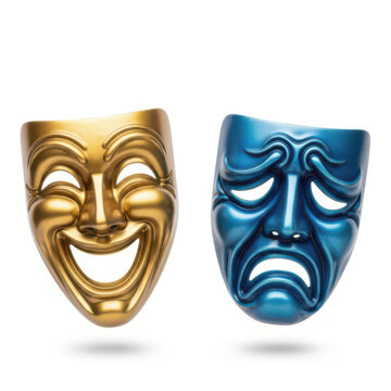 Golden comedy and blue tragedy theater masks representing emotions and drama