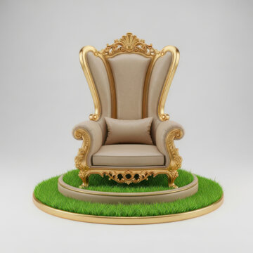 Elegant golden throne chair sitting on a small green grass circle platform