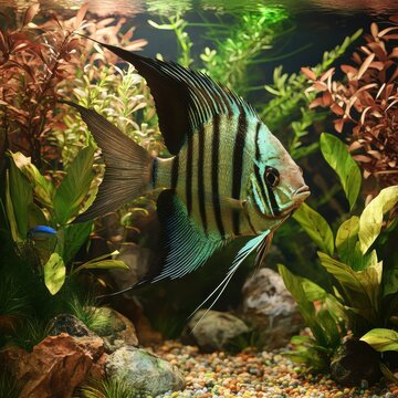 Striped altum angelfish in home aquarium with lush aquatic vegetation. Tropical freshwater fish illustration with pebbles and underwater plants background.