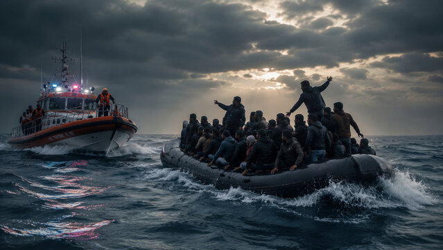 Sea Rescue of Migrants in Overcrowded Inflatable Boat