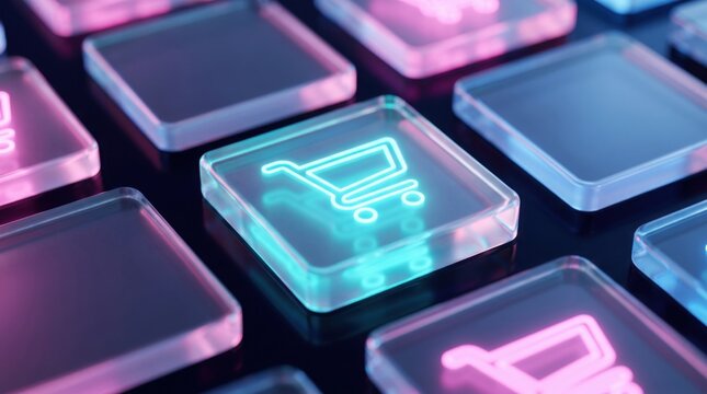 Neon shopping cart icon on glowing digital button
