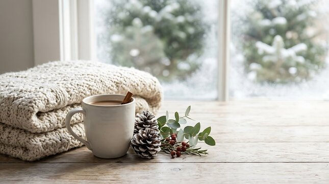 Cozy winter scene with hot coffee mug and warm knitted blanket by snowy window