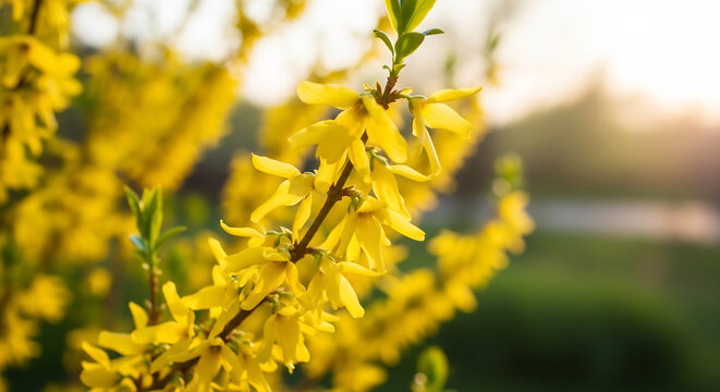 Bright Yellow Forsythia Bloom in Spring