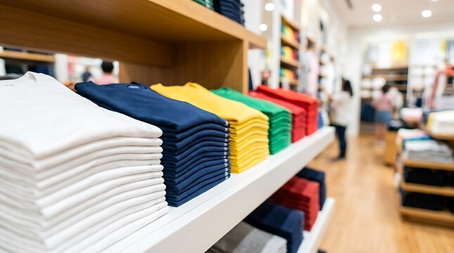 Stacks of colorful folded cotton t-shirts displayed neatly on wooden shelves inside a modern clothing retail store