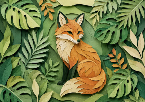 Red fox sitting among dense tropical leaves and layered green woodland foliage.