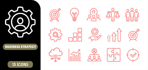 Fototapeta premium Business strategy icon set, 15 red line icons for corporate management, professional marketing and growth symbols vector