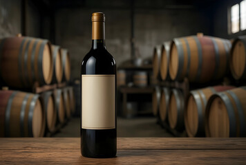 Naklejka premium Wine production and aging process, red wine bottle with blank label on wooden table in a traditional cellar with barrels