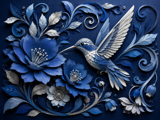 Naklejka premium Elegant blue hummingbird flying among layered flowers, leaves and decorative botanical swirls.