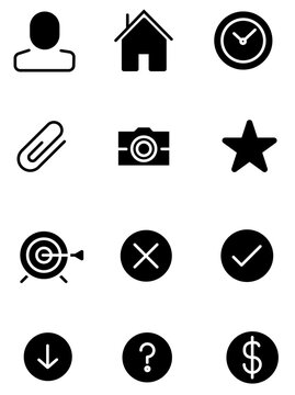 Minimalist black web icons set, 12 flat vector UI elements, modern interface symbols for business and navigation apps