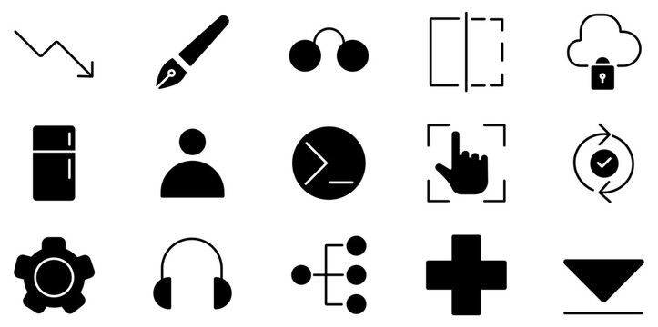 Minimalist black interface icons set, 15 professional vector UI elements, modern web and app navigation symbols for digital design