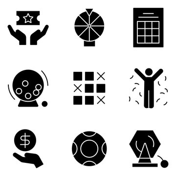 Gambling and lottery icon set, 9 solid black vector icons, casino game symbols, raffle and betting elements for apps