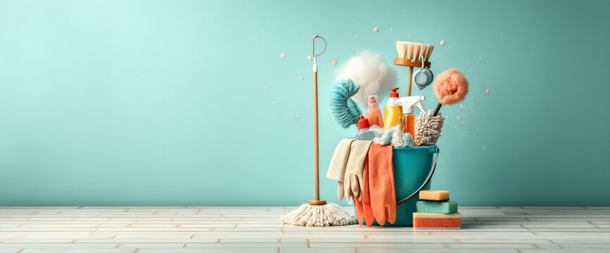 Cleaning supplies in bucket on floor. Mop, spray, gloves, sponges, and other tools for cleanliness