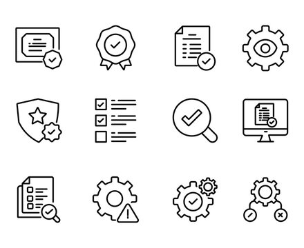 Minimalist quality control line icons, 12 compliance and certification vector symbols, business standards and audit outline set