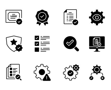 Compliance and quality control icons, 12 black solid vector symbols for regulatory standards, business certification and audit icons