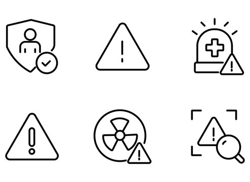 Minimalist safety line icons, 6 security and hazard warning symbols, black outline emergency alert vector set for web interface
