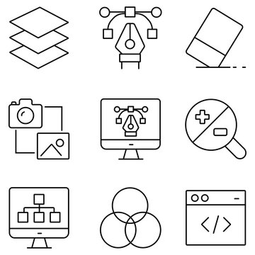 Graphic design line icons set, 9 vector creative software symbols, digital art tools and web development UI elements