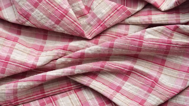 A wrinkled and folded fabric with a pink and white plaid pattern.