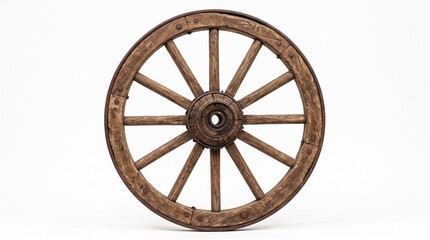 An antique wooden wagon wheel isolated on a white background © Muhammad