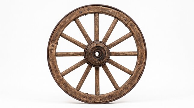 An antique wooden wagon wheel isolated on a white background