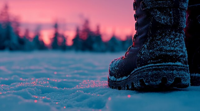 Snowy boots at sunset in winter wonderland.