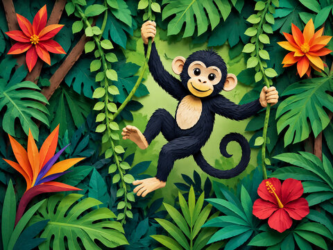 Playful young monkey swinging through lush tropical jungle foliage surrounded by colorful exotic plants.