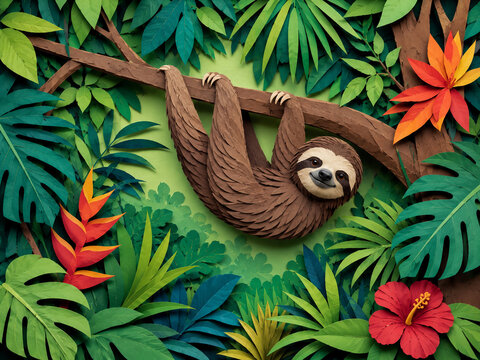 Adorable brown sloth hanging from a tree branch amid lush tropical rainforest leaves and flowers.