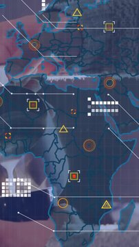 Animation of data processing and world map over mid section of male barista preparing coffee at cafe