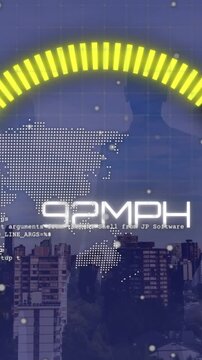 Animation of speedometer over world map, globe, peoples silhouette and cityscape