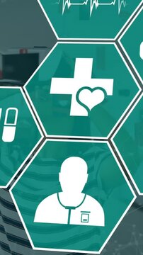 Composition of network of people icons over green glowing frame