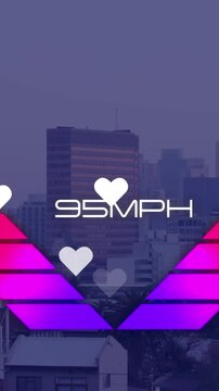Animation of speedometer and hearts over cityscape