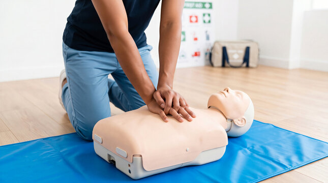 Person practicing chest compressions on dummy in first aid CPR training class, emergency life support medical rescue