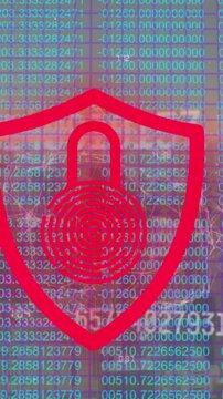 Animation of security padlock icon and multiple changing numbers against data processing