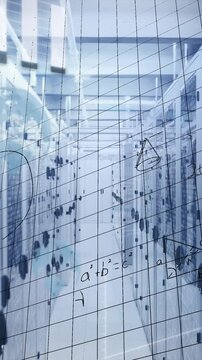 Animation of data processing over modern building and cityscape
