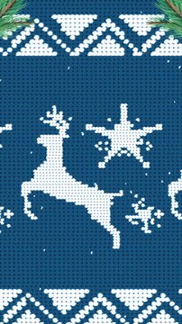 Animation of snow falling over christmas wreath decoration on blue background