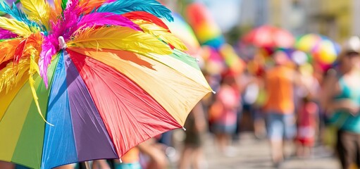 Naklejka premium Vibrant carnival umbrella adorned with feathers amid a lively street festival celebrating Brazilian culture and joy.