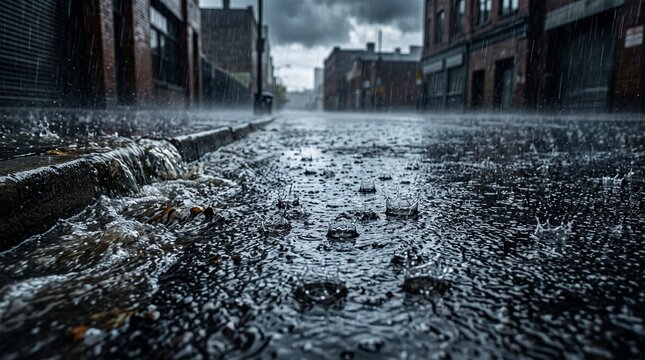 Intense Heavy Rainstorm Splashing on Wet Urban Asphalt Pavement