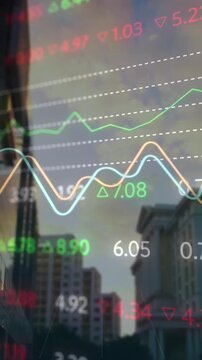 Animation of financial data processing over cityscape