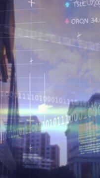 Animation of financial data processing over cityscape
