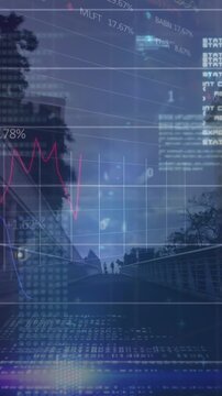 Animation of statistical data processing against time-lapse of people walking on the city bridge