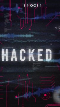 Animation of hacked text, circuit board pattern over soundwaves and computer language