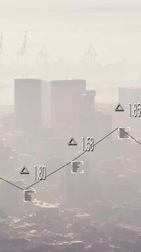 Animation of graph with changing numbers and viewfinders over modern cityscape against cloudy sky