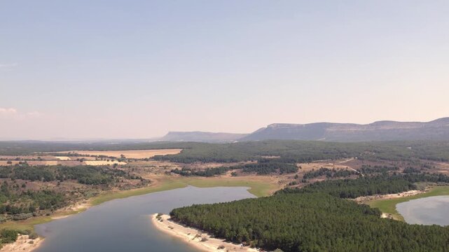 Drone flying over La Cuerda del Pozo Reservoir and pine forest in Soria, Spain during a sunny summer day
