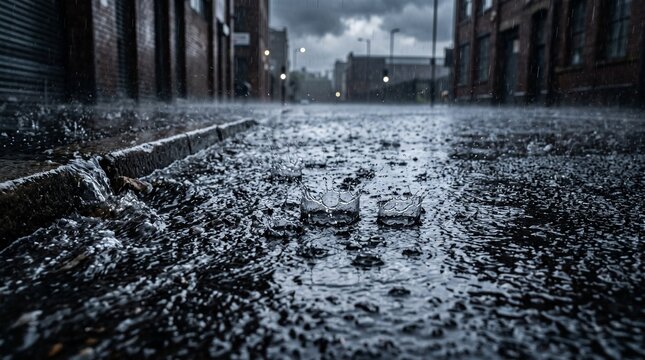 Intense Heavy Rainstorm Splashing on Wet Urban Asphalt Pavement