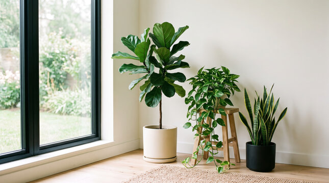 Minimalist living room corner with large potted Fiddle Leaf Fig Ficus lyrata and Snake Plant Sansevieria by a sunny floor-to-ceiling window. Biophilic interior design.