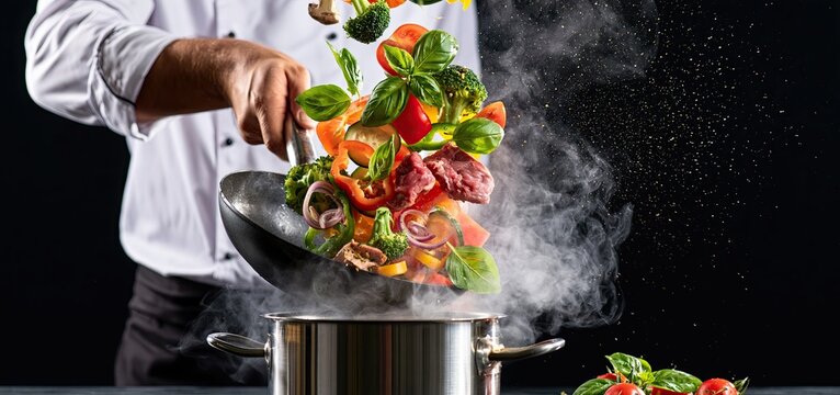 In a bright kitchen, a skilled chef flips colorful vegetables and meat over a boiling pot, creating a lively cooking scene.