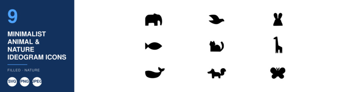Minimalist Animal Nature Ideogram Icons, Filled Design Set. Animal Silhouette Icons, Nature Illustration