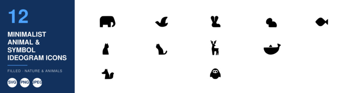 Minimalist Animal Ideogram Icons Set, Symbol Design, Animal Silhouette Collection