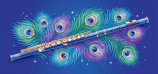 Fototapeta premium Flute decorated with colorful peacock feathers on a deep blue background for spiritual celebration.