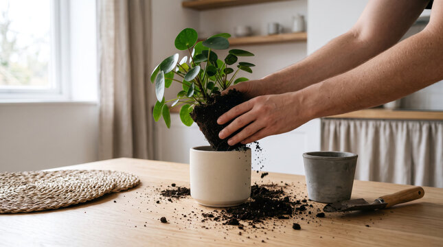 Hands carefully putting a potted plant into a new ceramic pot with fresh potting soil on a wooden counter. Home gardening, repotting, and soil mix.