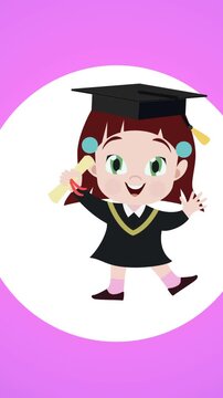 Digital animation of graduated girl icon over white circular banner against purple background